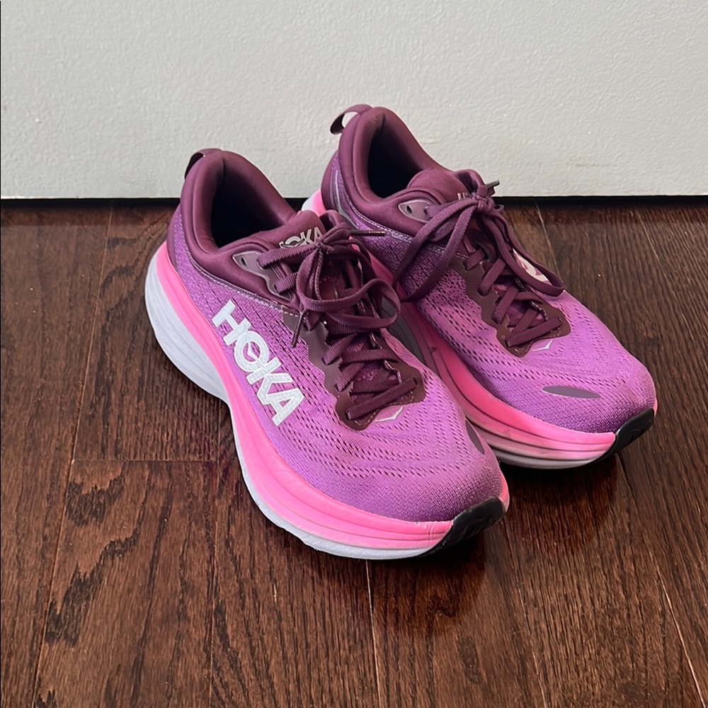 Hoka Pink and Purple Bondi 8 Athletic Shoes